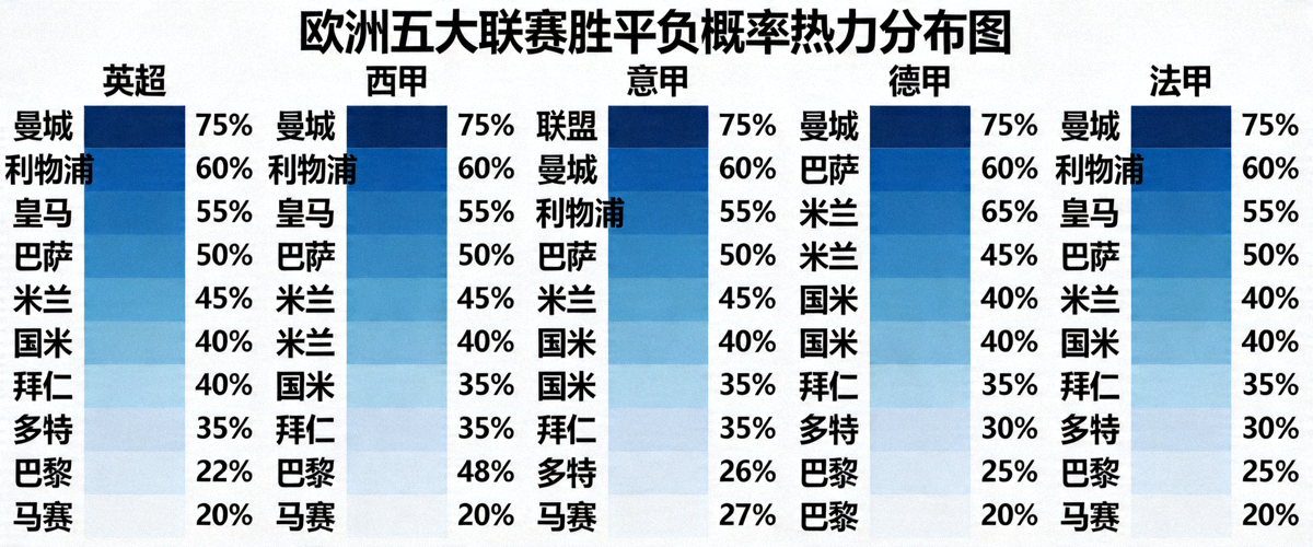 欧洲五大联赛足球比赛胜平负概率热力分布图，用颜色深浅直观展示各队取胜概率